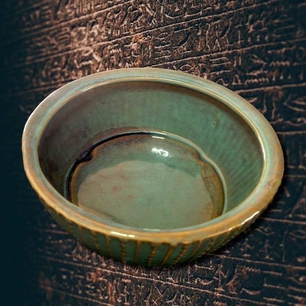 Stoneware Decorative Green Over Bronze Glazed Bowl